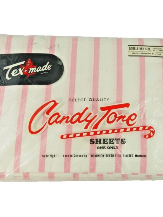 Vintage NOS Double Flat Sheet Unhemmed Pink Stripes Candy Tone Tex-made Canada - Picture 1 of 6